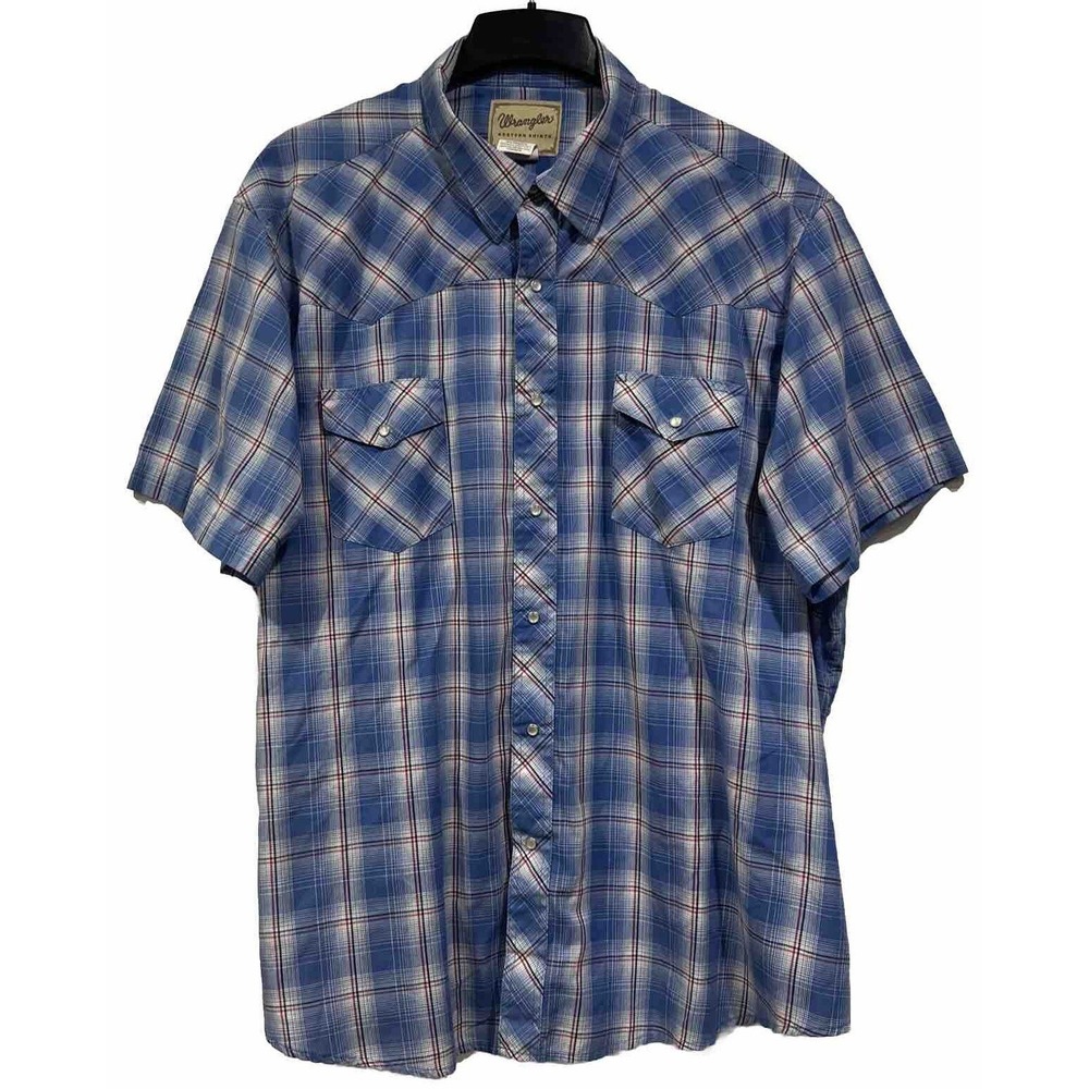 Men's Wrangler Pearl Snap Short Sleeve Blue/Red/Black/White Plaid Shirt 3XL